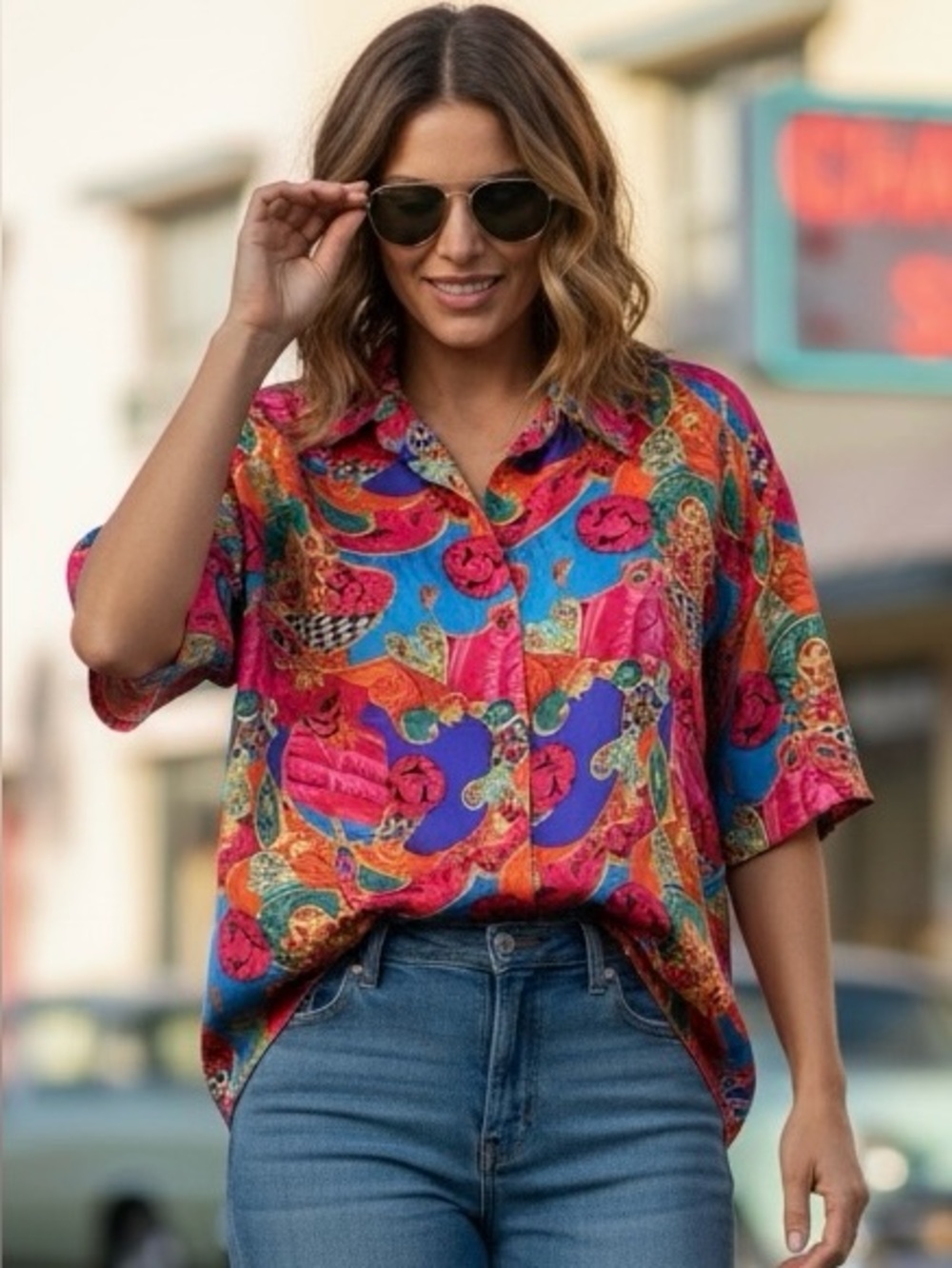 XPRSO Vintage 80's 100%‎ Silk Sand Wash Maximalist Print Button Down Shirt Small